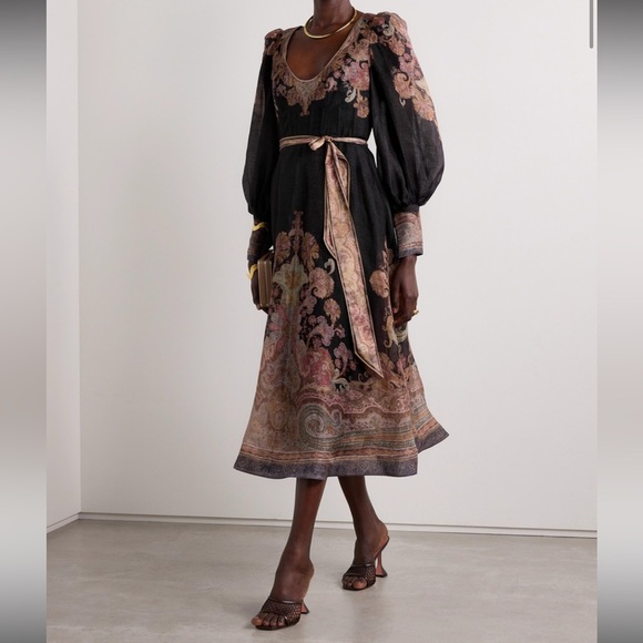 Zimmermann Dresses & Skirts - ZIMMERMANN Illustration Belted Printed Linen Silk Blend Organza Midi Dress Black